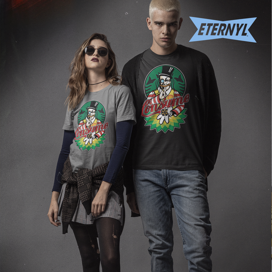 Eternyl Consume Duo, Guys and Girls Models Black T-shirt example.